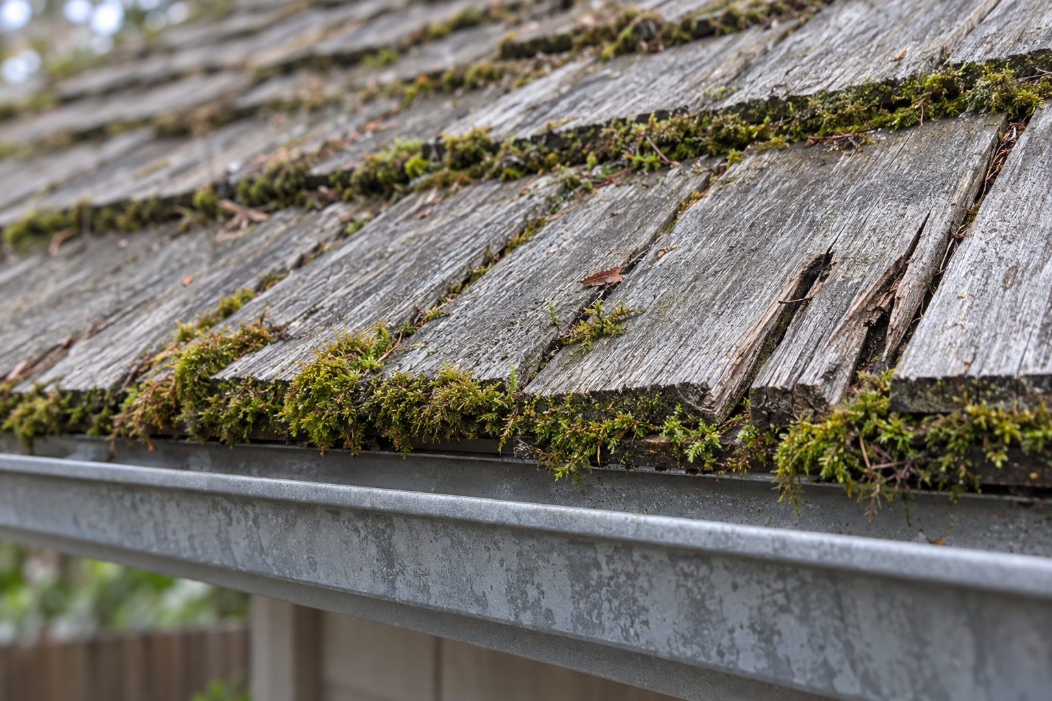 Weathered cedar shake roof with moss along a shaded eave