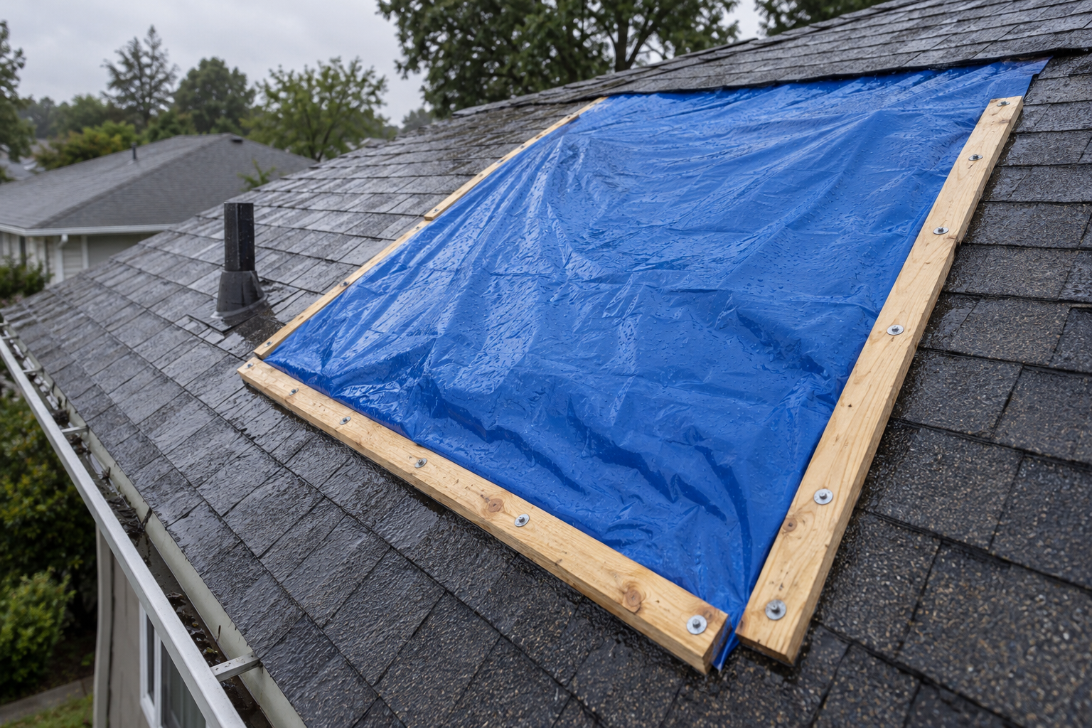 emergency roof repair tarp on a Meridian home