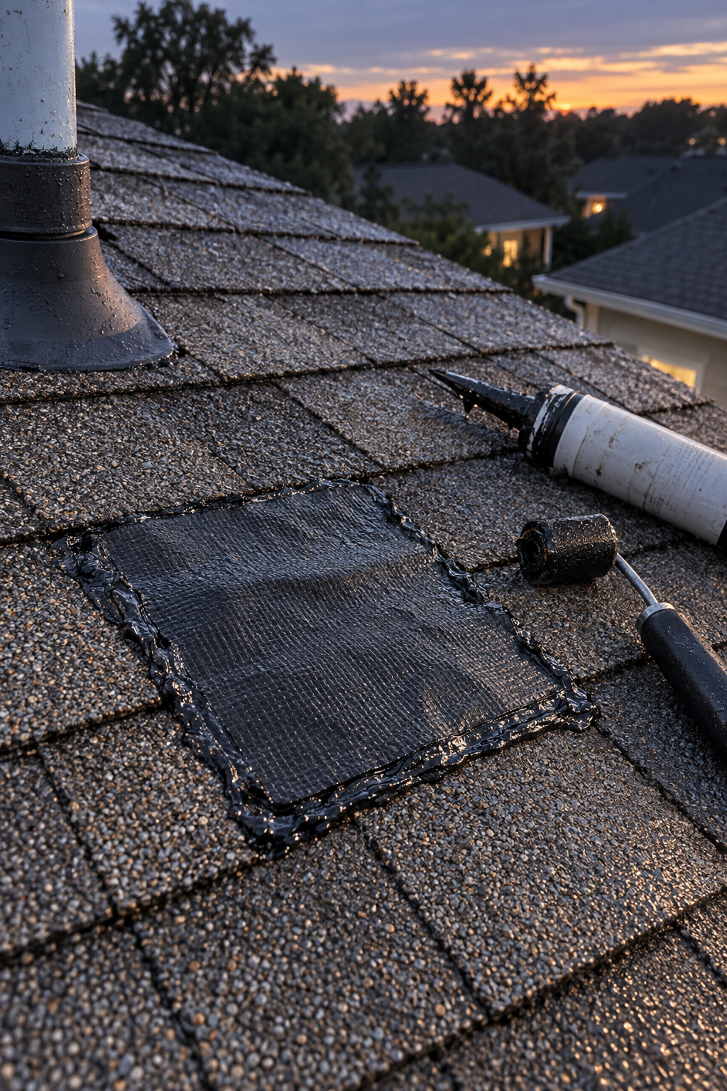 Black membrane patch sealed with roofing cement over a small hole in a shingle roof at dusk
