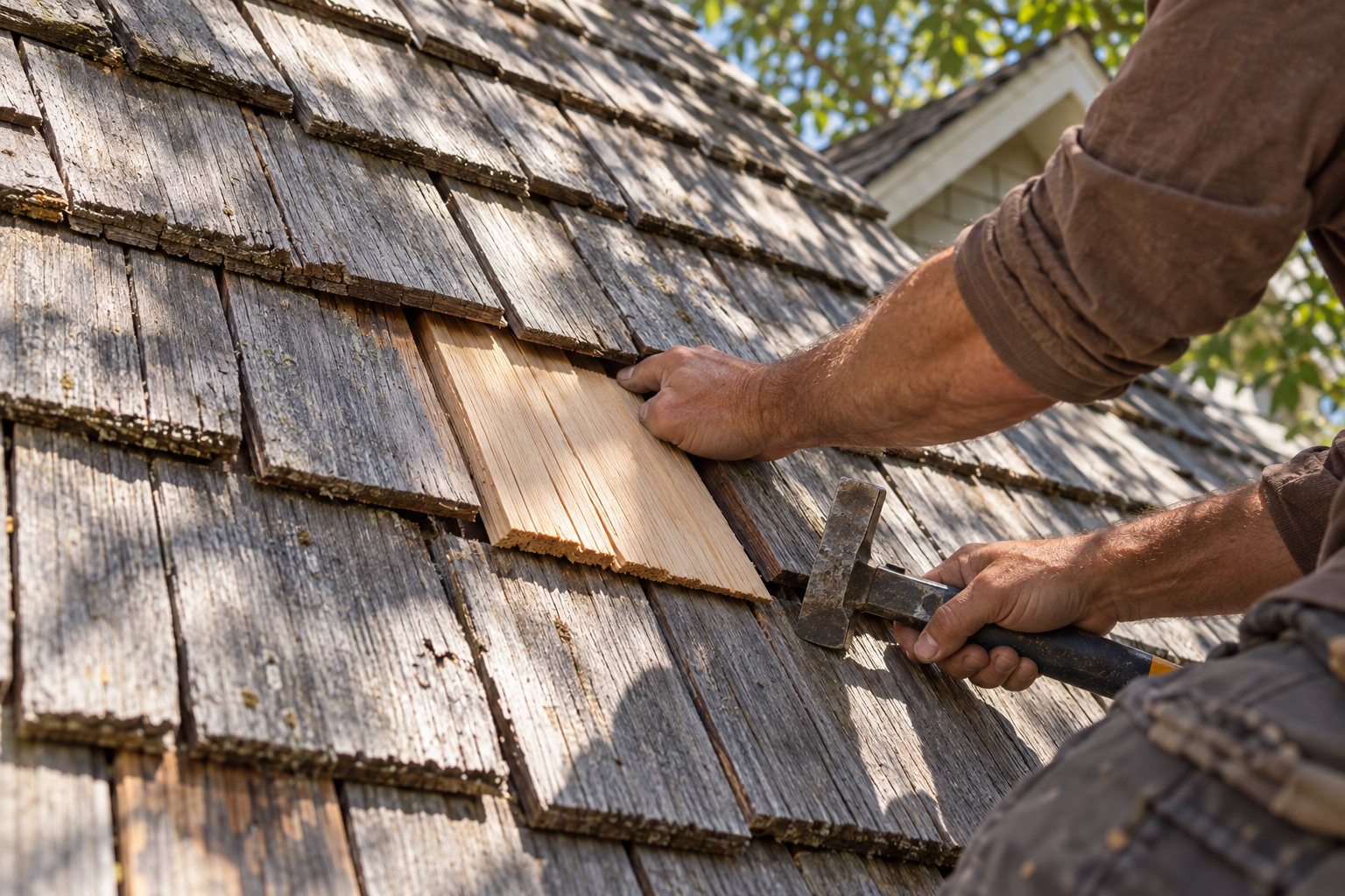 New cedar shake slid into place among weathered shakes