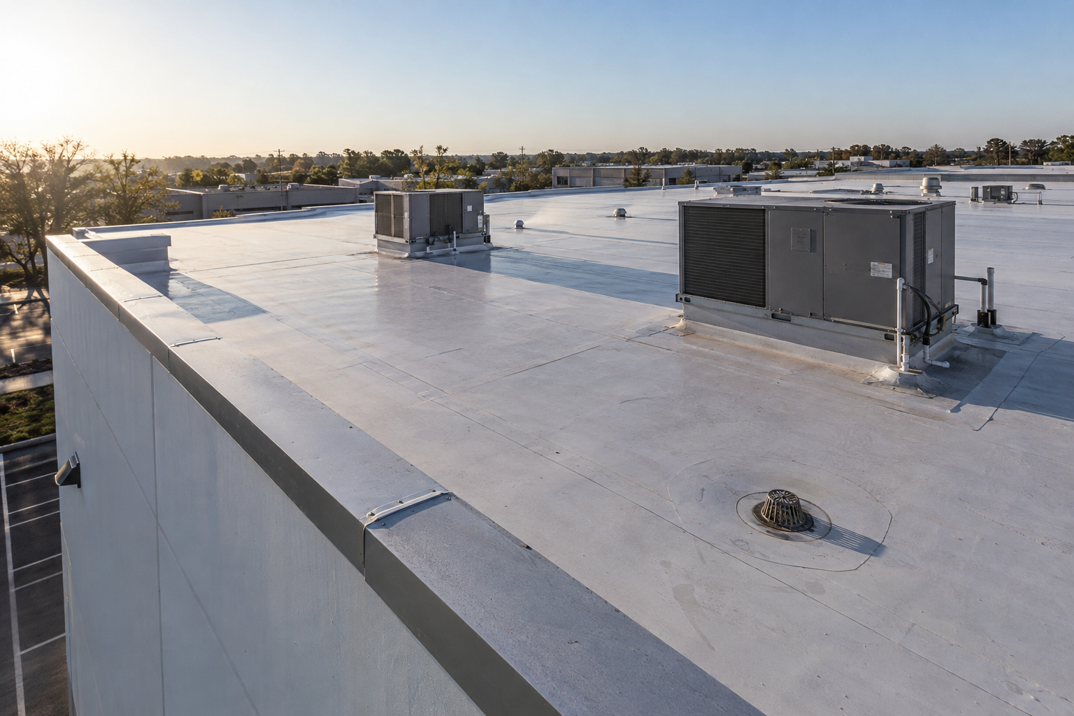White membrane roof on a warehouse with rooftop units