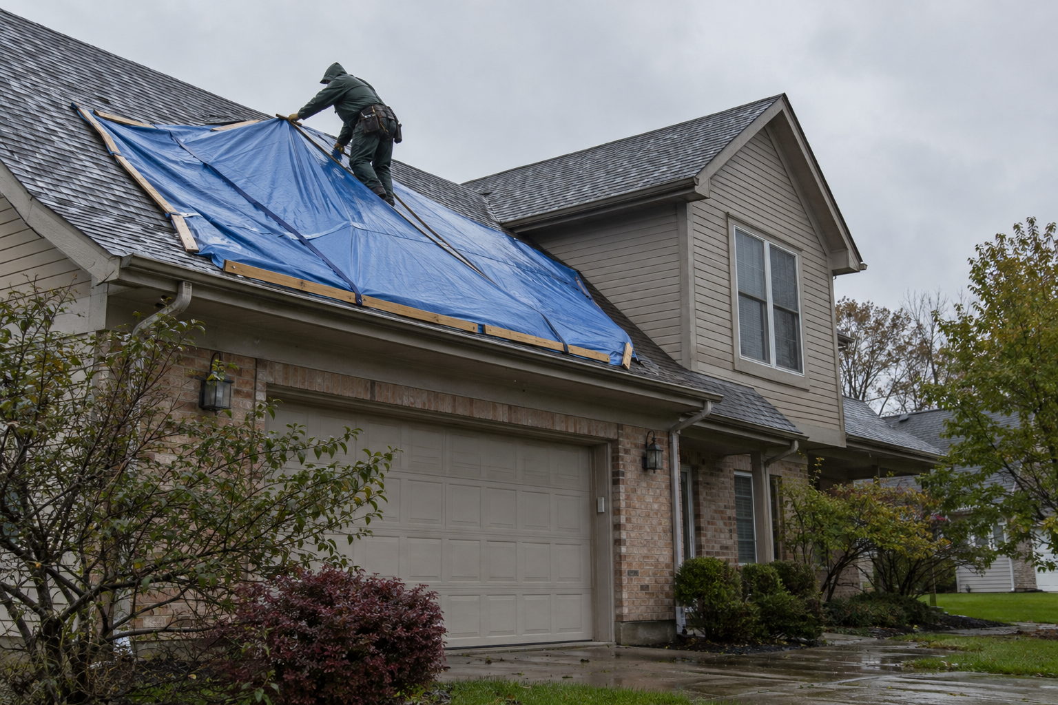 Blue tarp battened over a damaged corner of a roof
