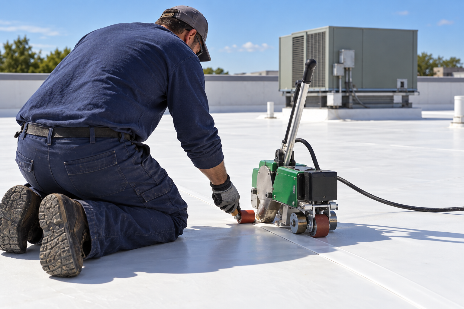 Hot-air welder sealing a seam in white TPO membrane
