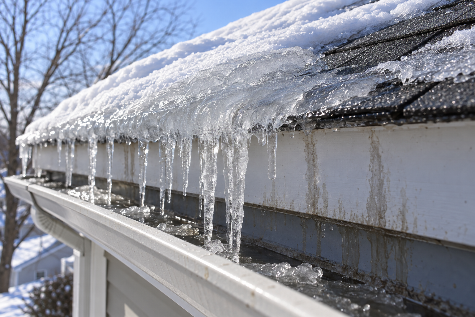 ice dam on a roof eave