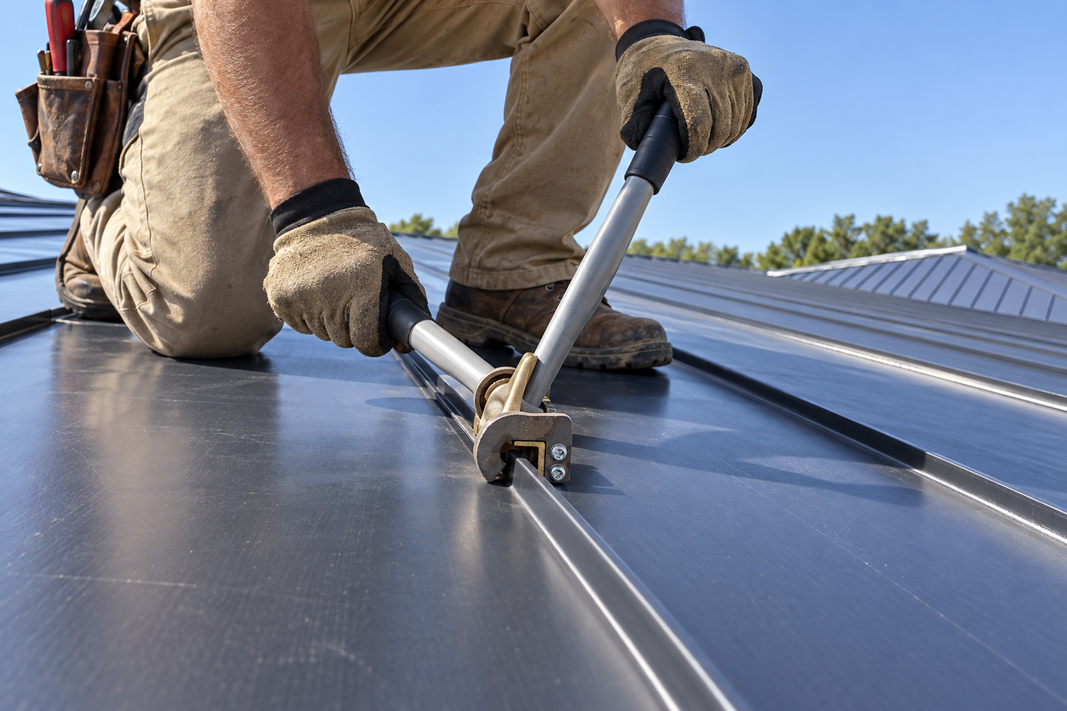Hand seamer crimping a standing seam metal roof panel