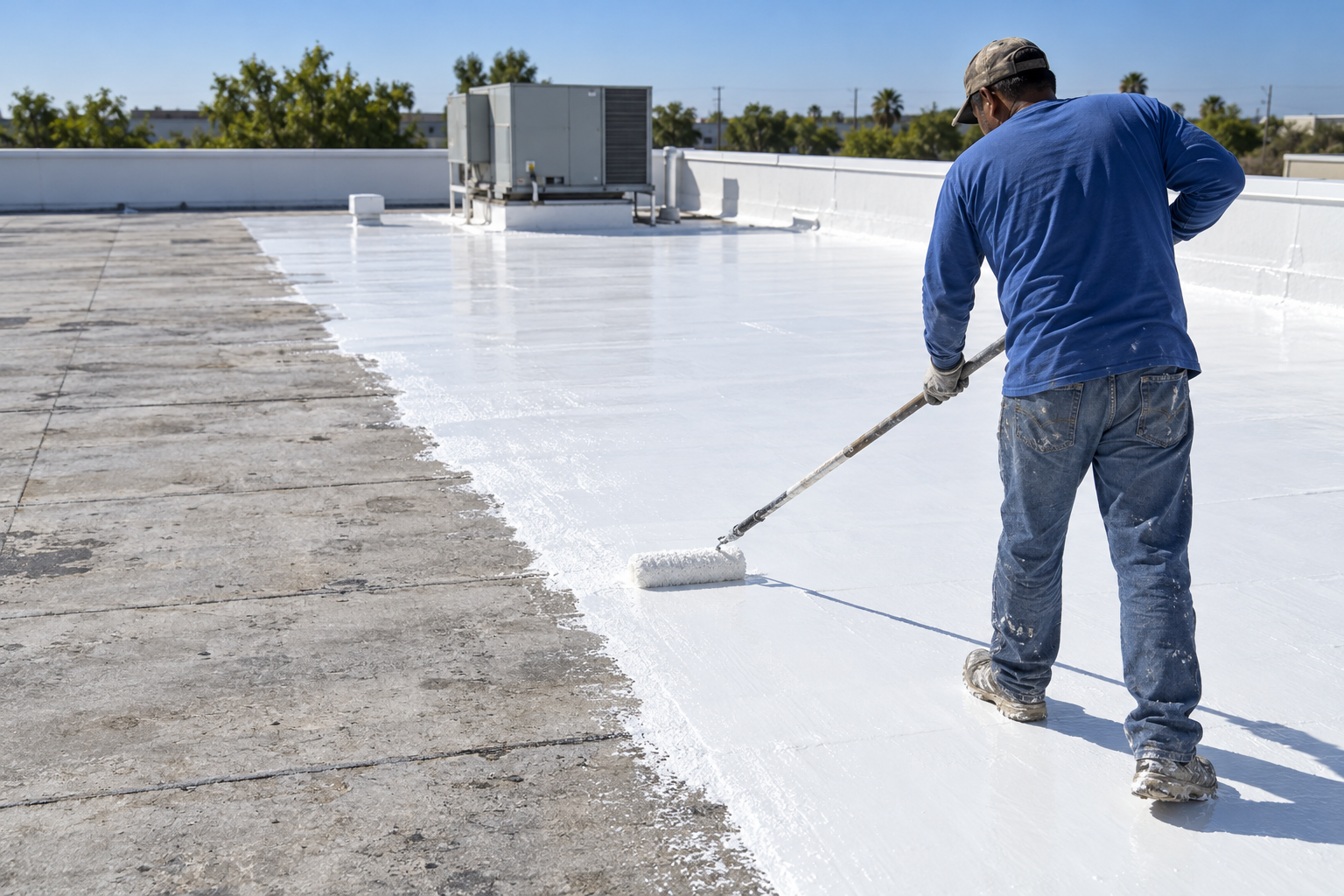 White roof coating rolled across a flat roof