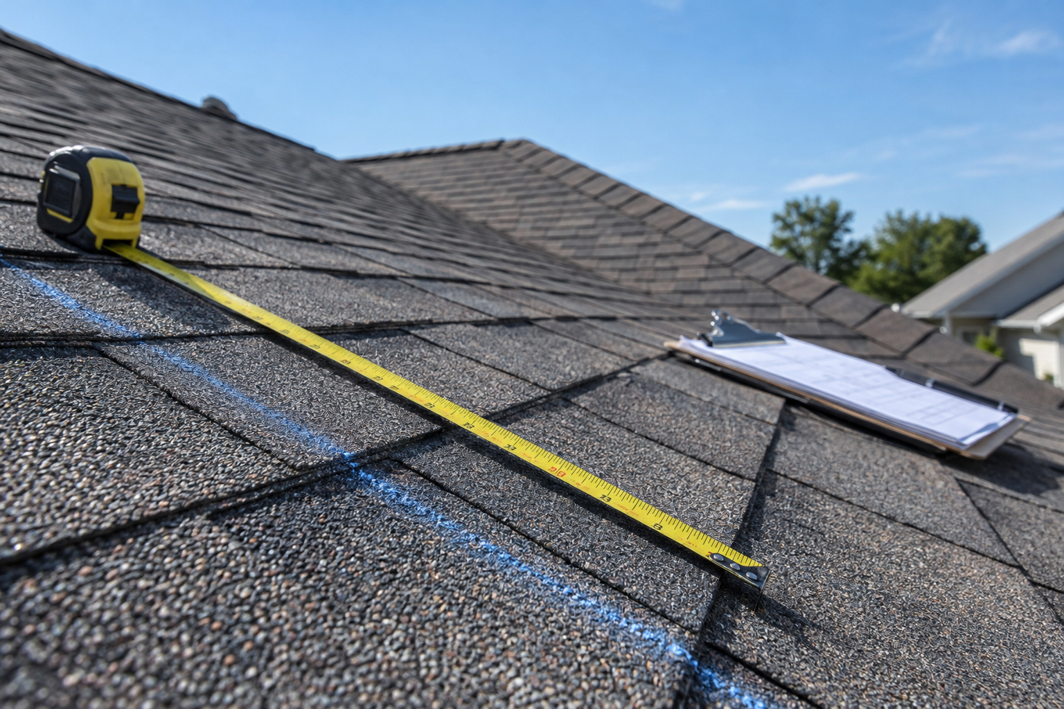 Tape measure and chalk line across a shingle roof during an estimate