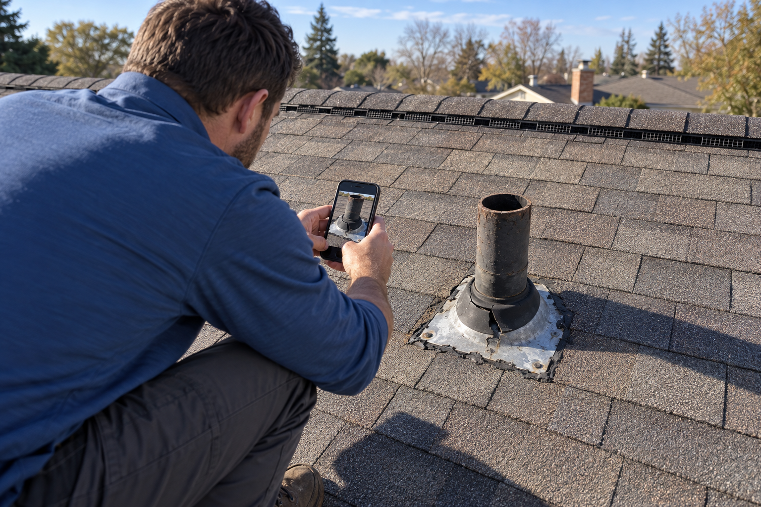 Inspector photographing a cracked pipe boot on a shingle roof