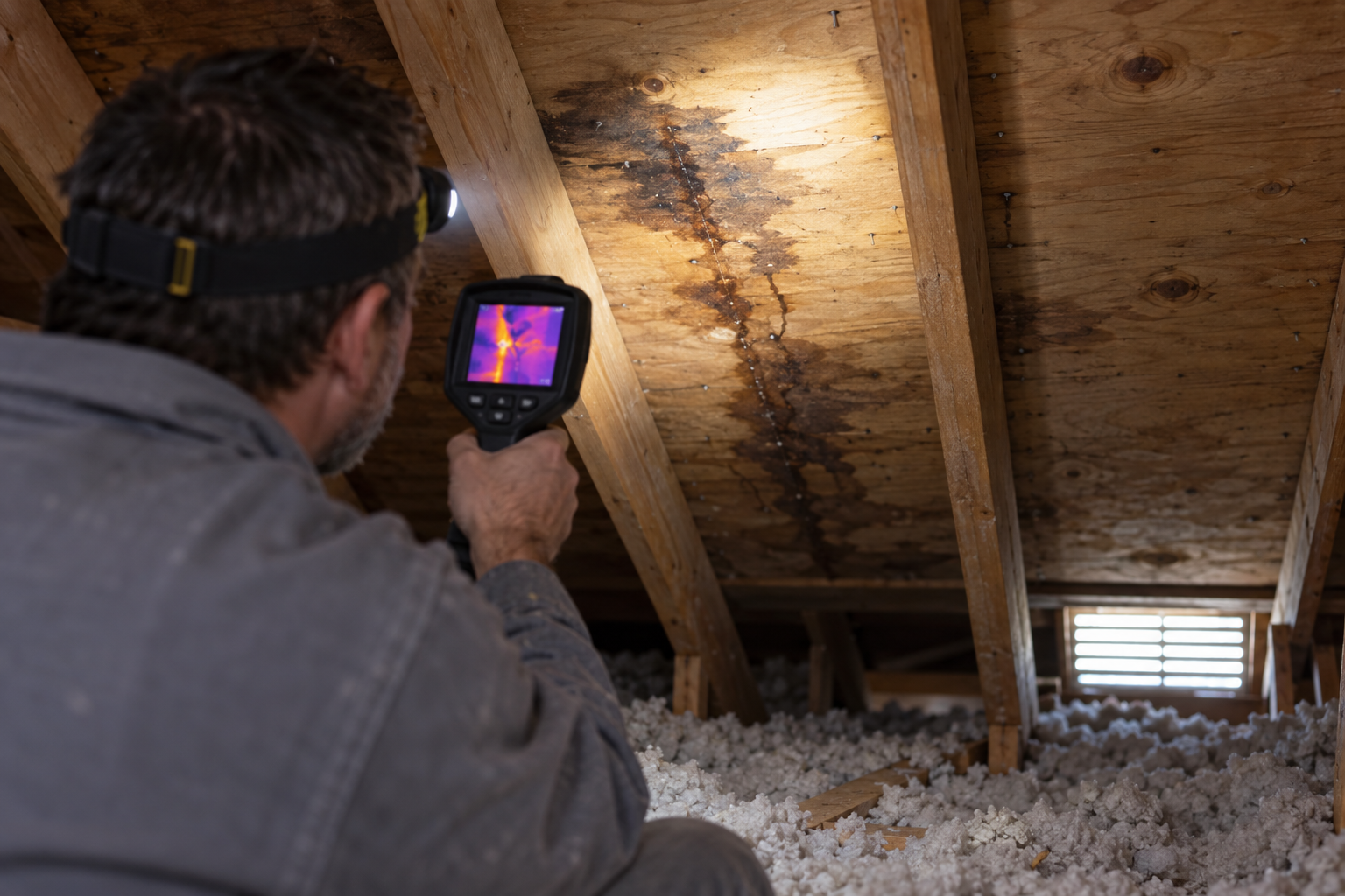 Thermal camera pointed at wet roof sheathing in an attic