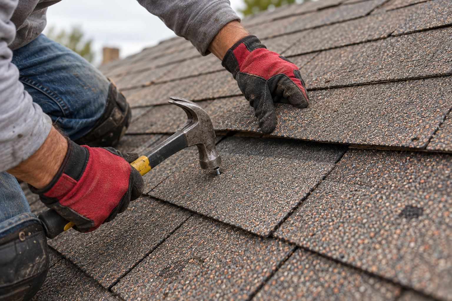 Roofer sliding a replacement shingle under the course above