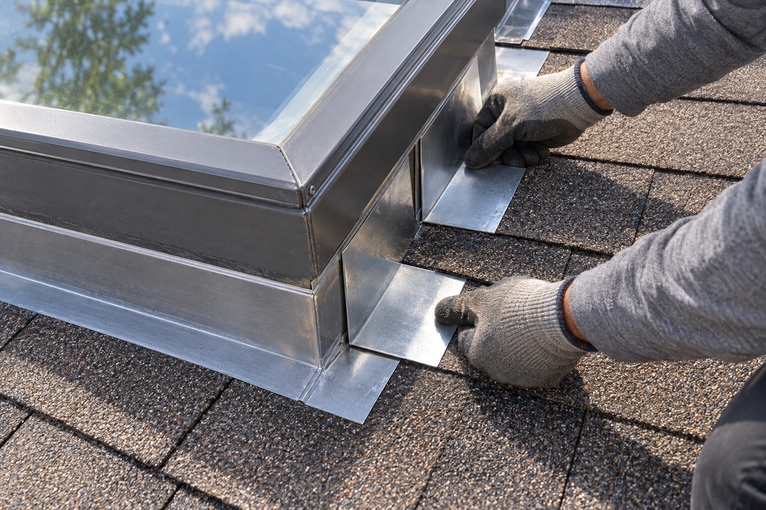 New step flashing fitted around a skylight curb