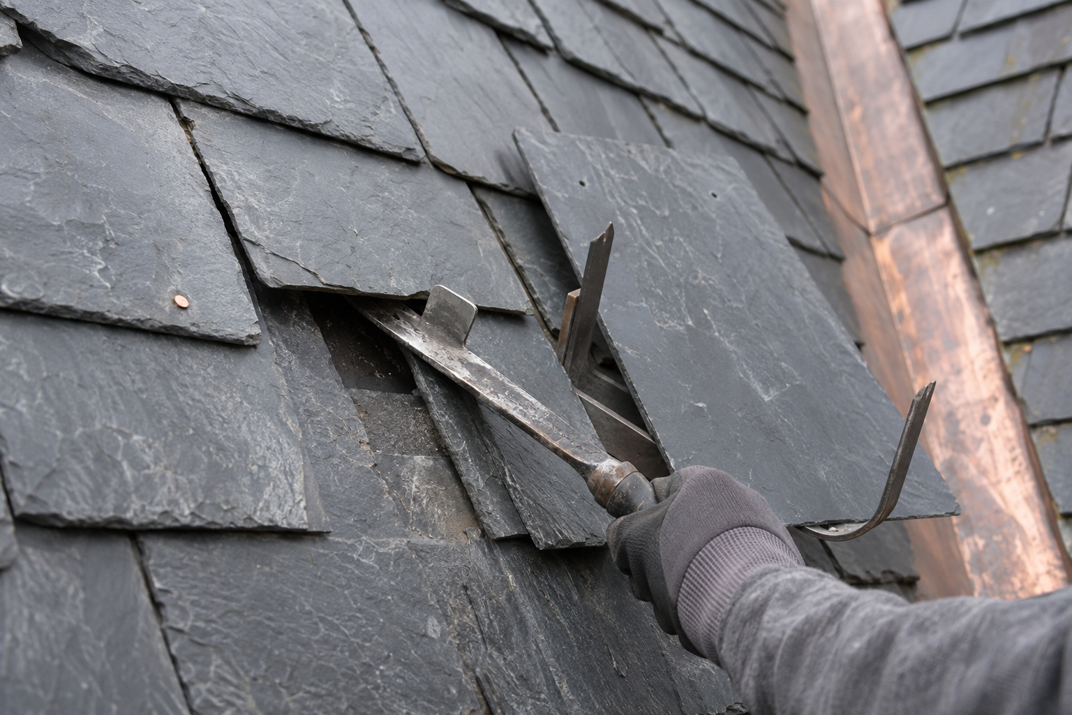 Slate ripper pulling a broken slate from a slate roof