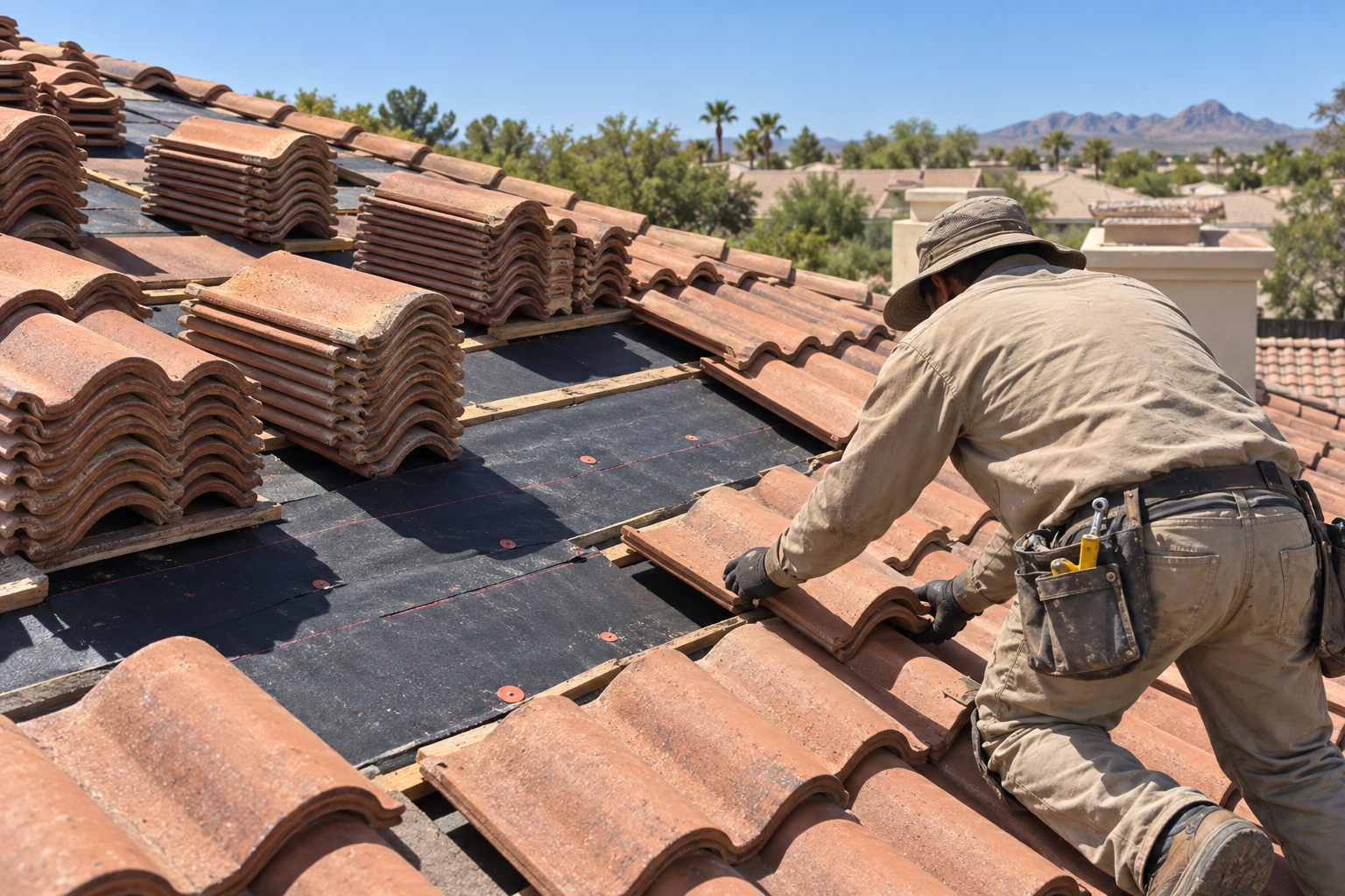 Concrete tile roof mid lift-and-reset with new underlayment exposed