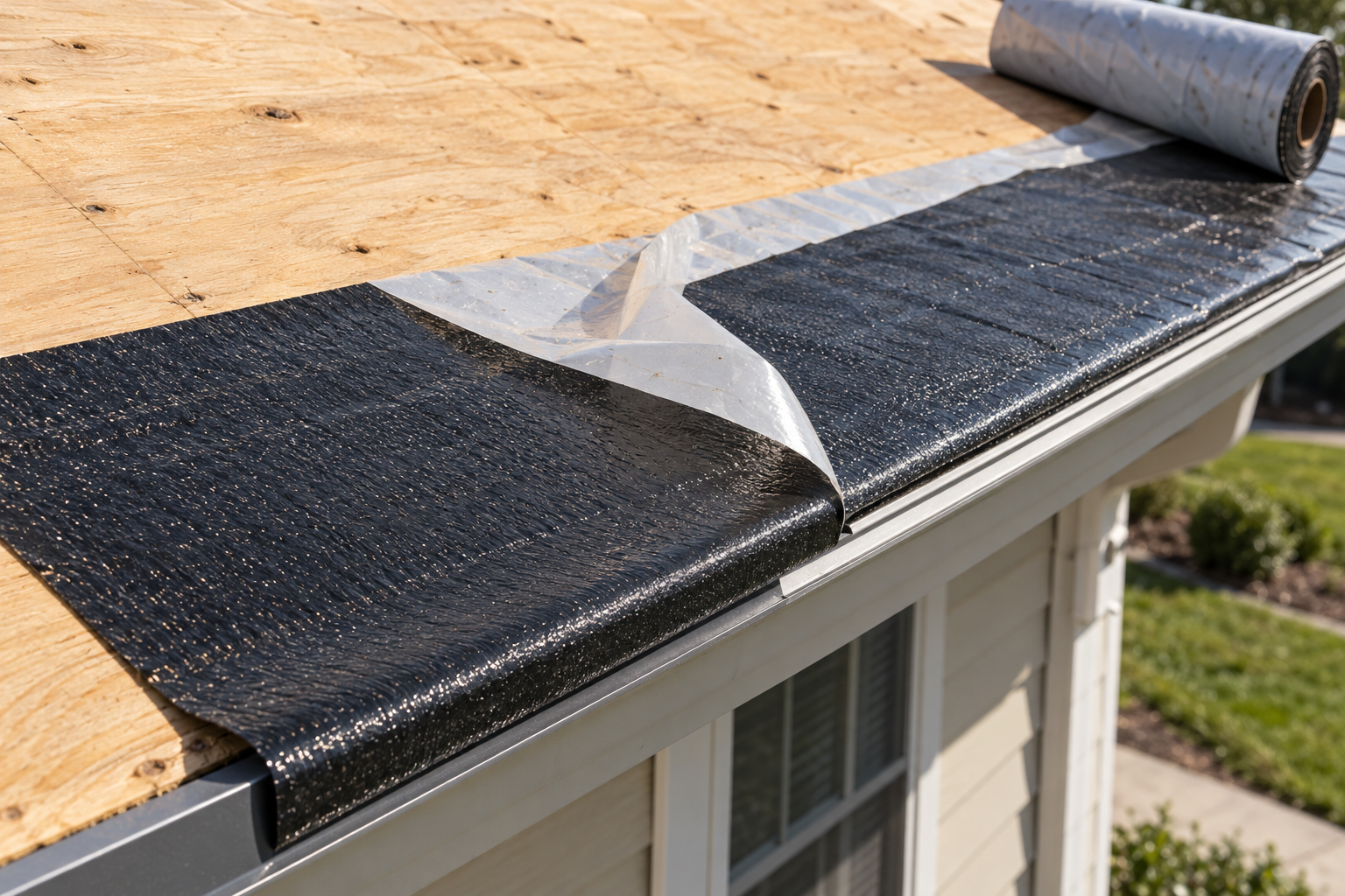 Self-adhering ice and water shield membrane rolled out along the eave of a stripped roof deck, over the metal drip edge