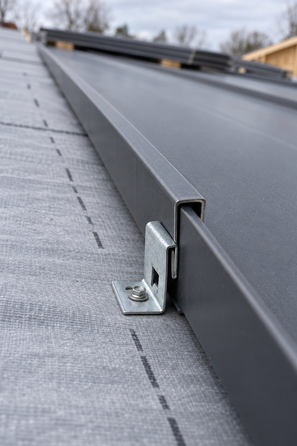 Steel clip hooked over a standing seam panel leg and screwed to the deck over grey underlayment