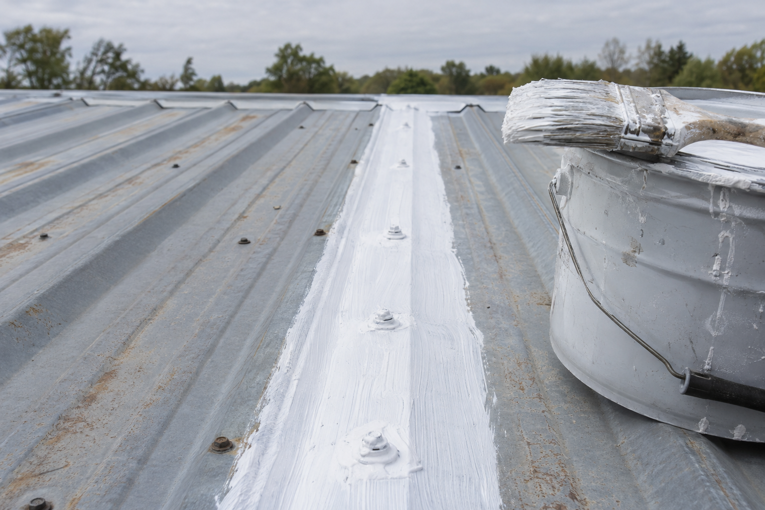 White coating brushed over the seam and screw heads of a metal panel roof