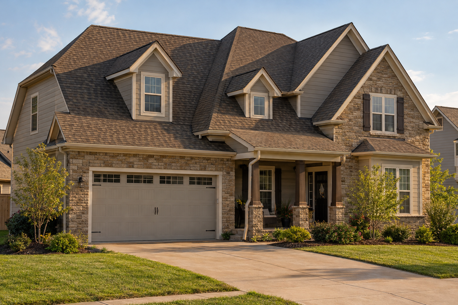 Two-story house with a steep, cut-up asphalt shingle roof of valleys and dormers