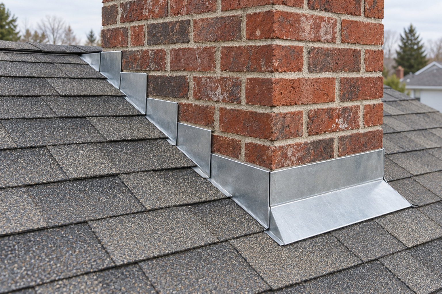 Brick chimney on an asphalt shingle roof with step flashing along its side and counter-flashing set into the brick