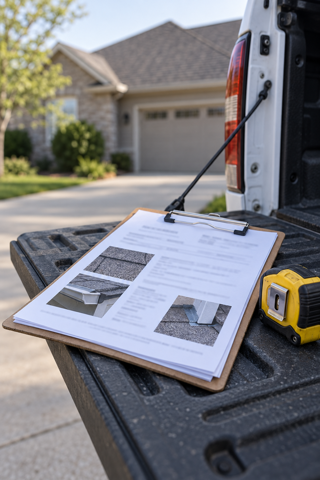Printed roof inspection report with photo prints on a clipboard resting on a pickup tailgate