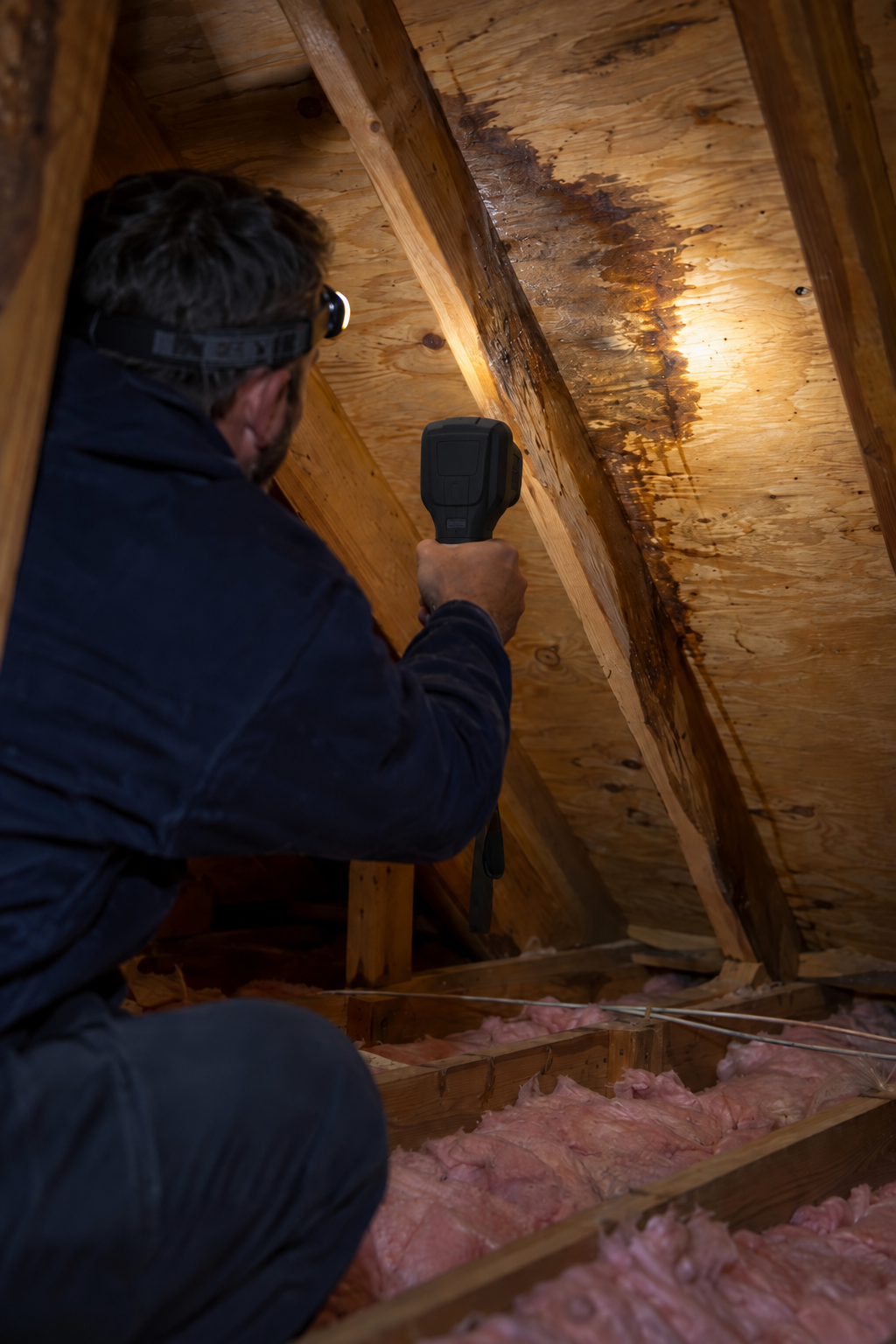 Thermal camera pointed at wet roof sheathing while tracing a roof leak in an attic