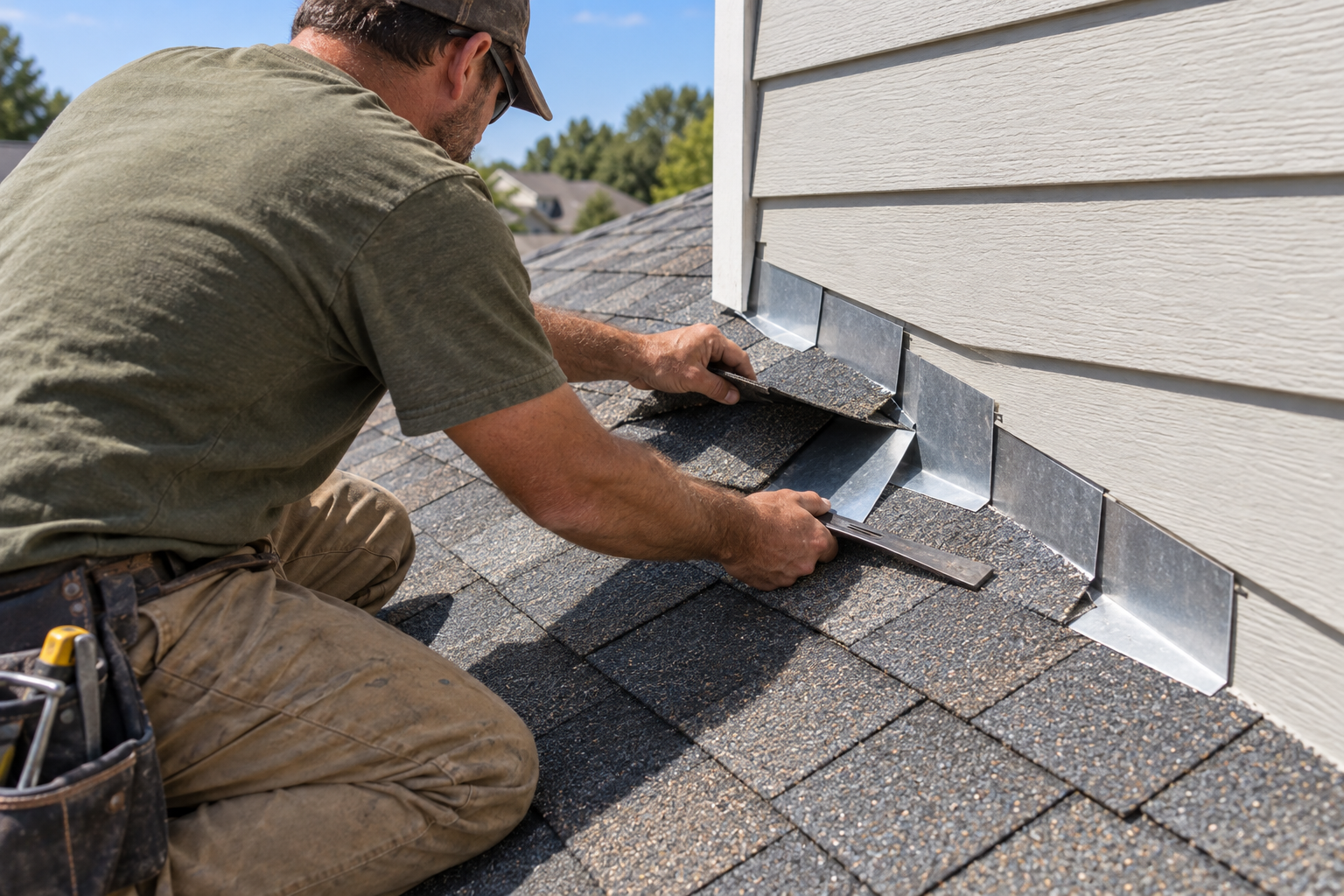 roof leak repair at step flashing in Meridian