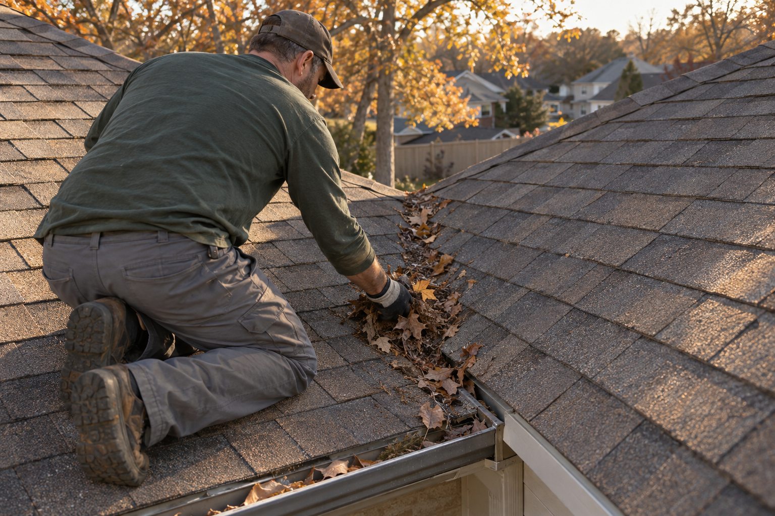 Roofer clearing leaves and grit out of a shingle roof valley and the gutter below it