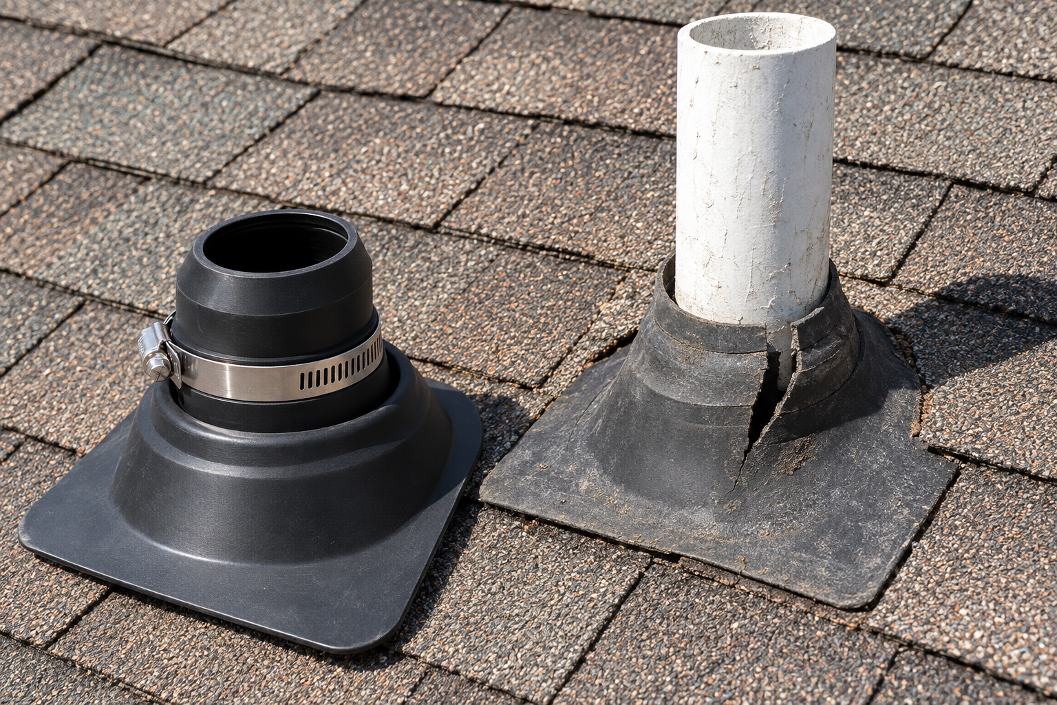 Cracked rubber pipe boot on a vent pipe beside a new pipe boot on a shingle roof