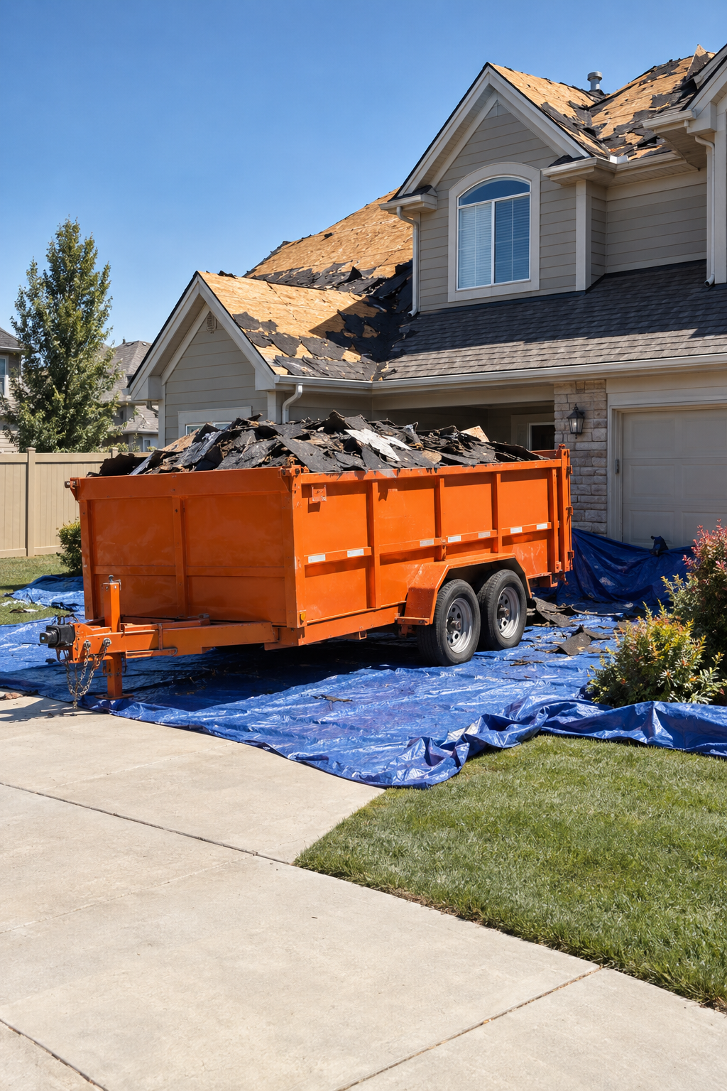 roof tear-off with a dumpster on tarps