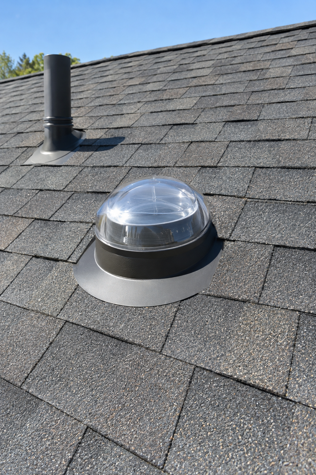 Tubular skylight dome seated in a round flashing collar on a shingle roof