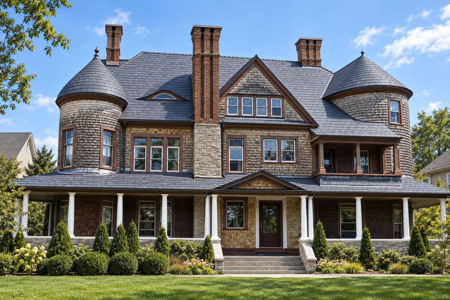 Finished synthetic slate roof on a large house seen from the street