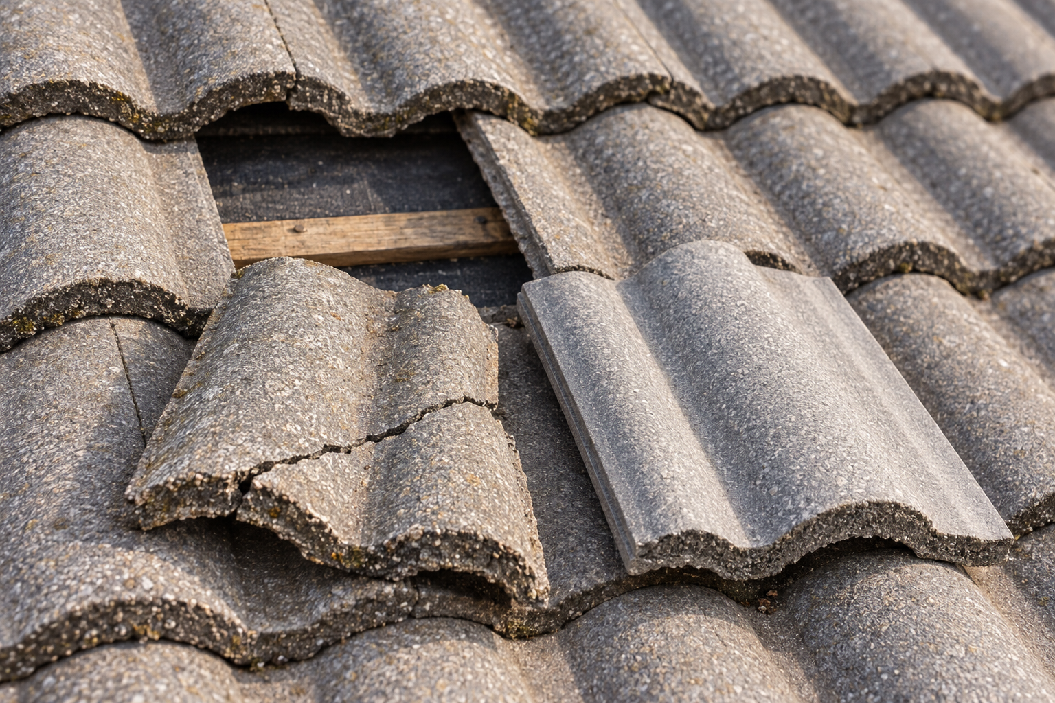 Cracked concrete roof tile lifted from its course beside a new tile of the same profile